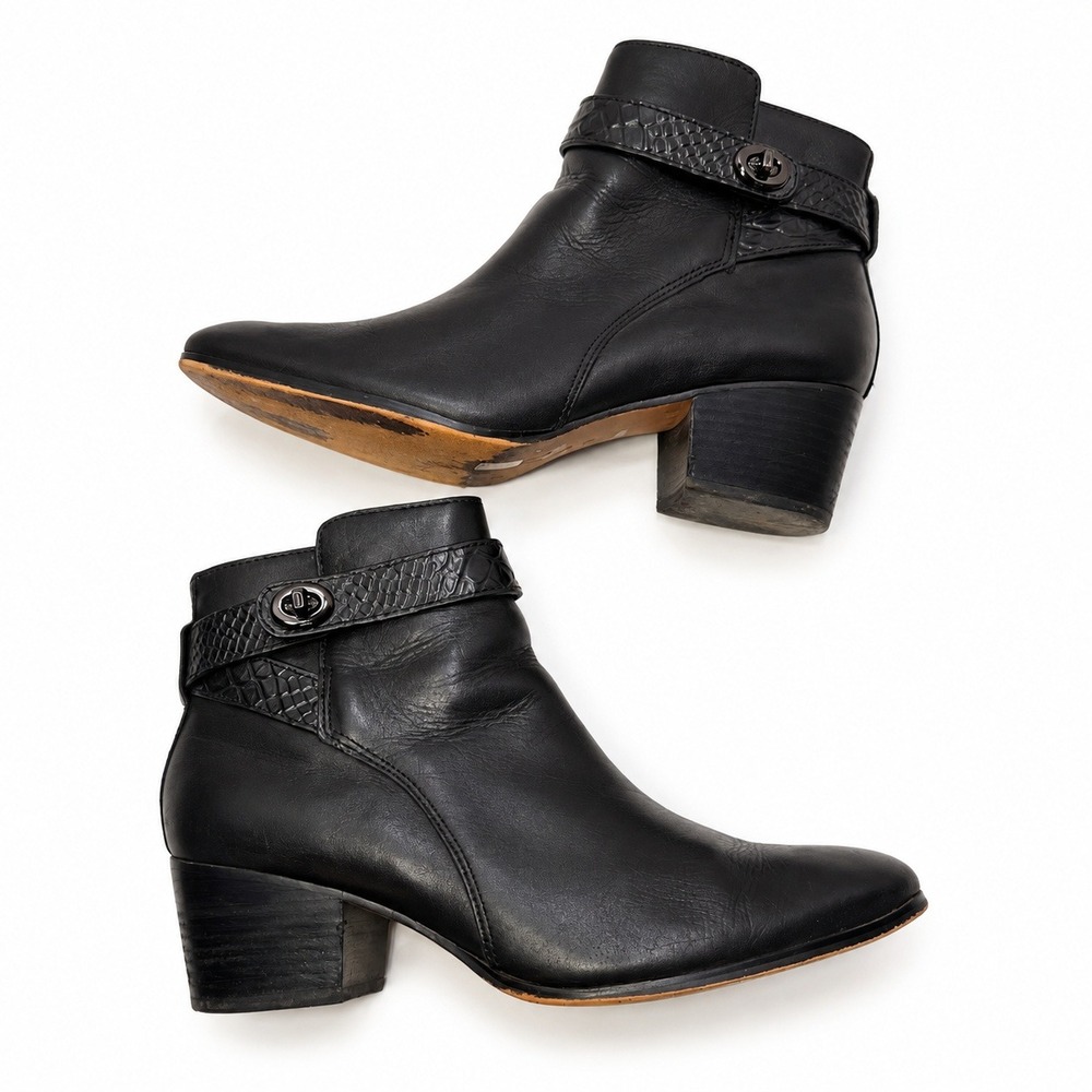 Coach Patricia Black Leather Turnlock Ankle Boots Block Heel Minimalist US 9.5B